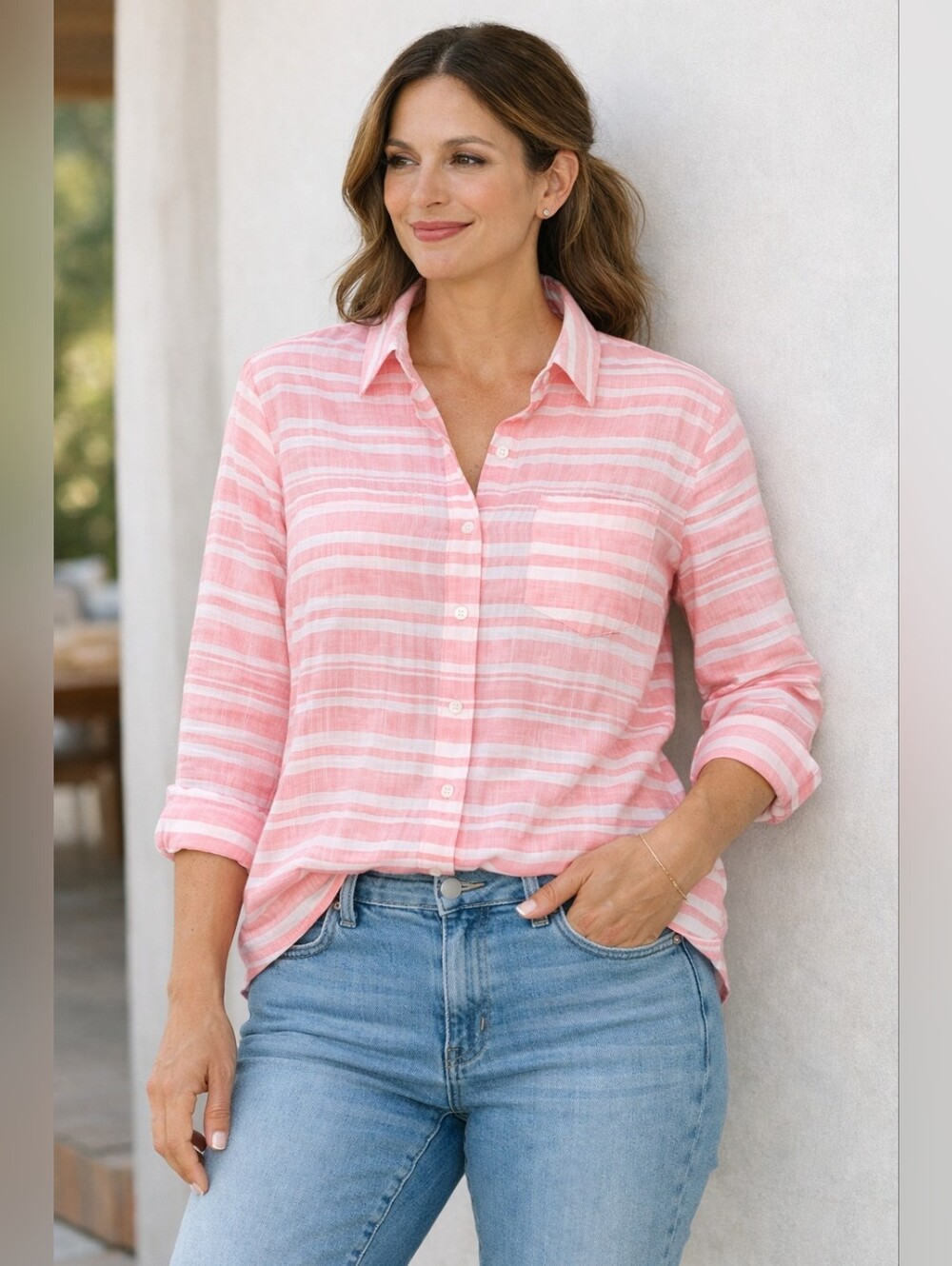 J.Crew Women's 100% Cotton Stripe Button Down Shirt Pink/White Medium